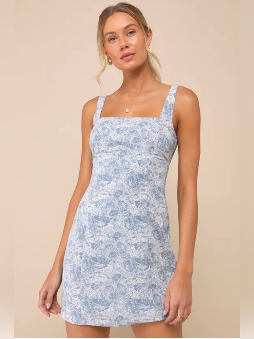 Lulu’s Exuberant Chicness Blue Floral Sleeveless Mini Dress Size S